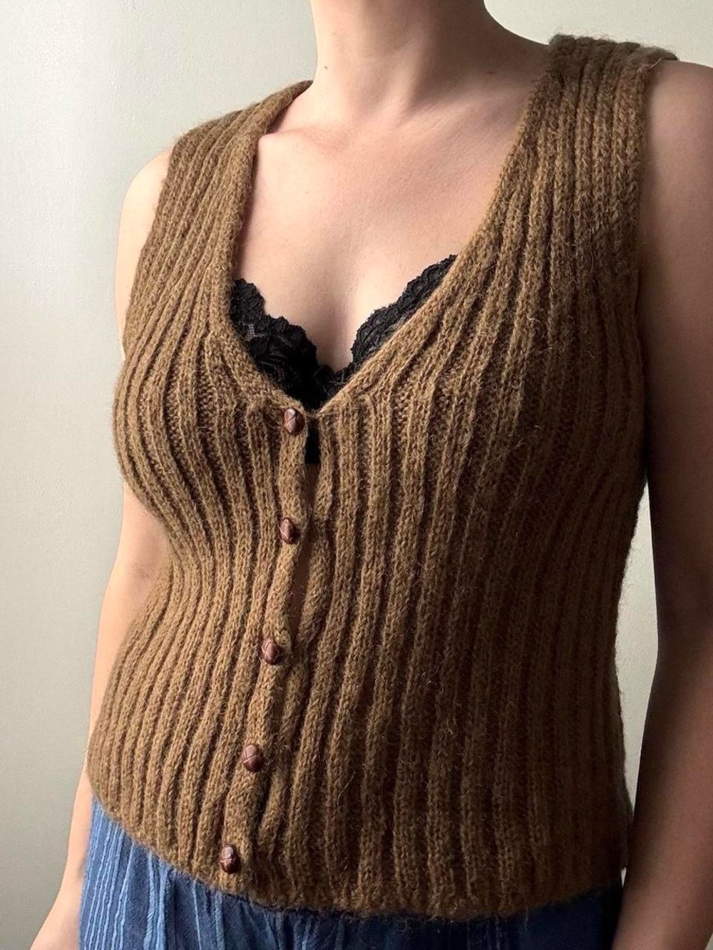 Brown fuzzy rib knit button front sweater vest
